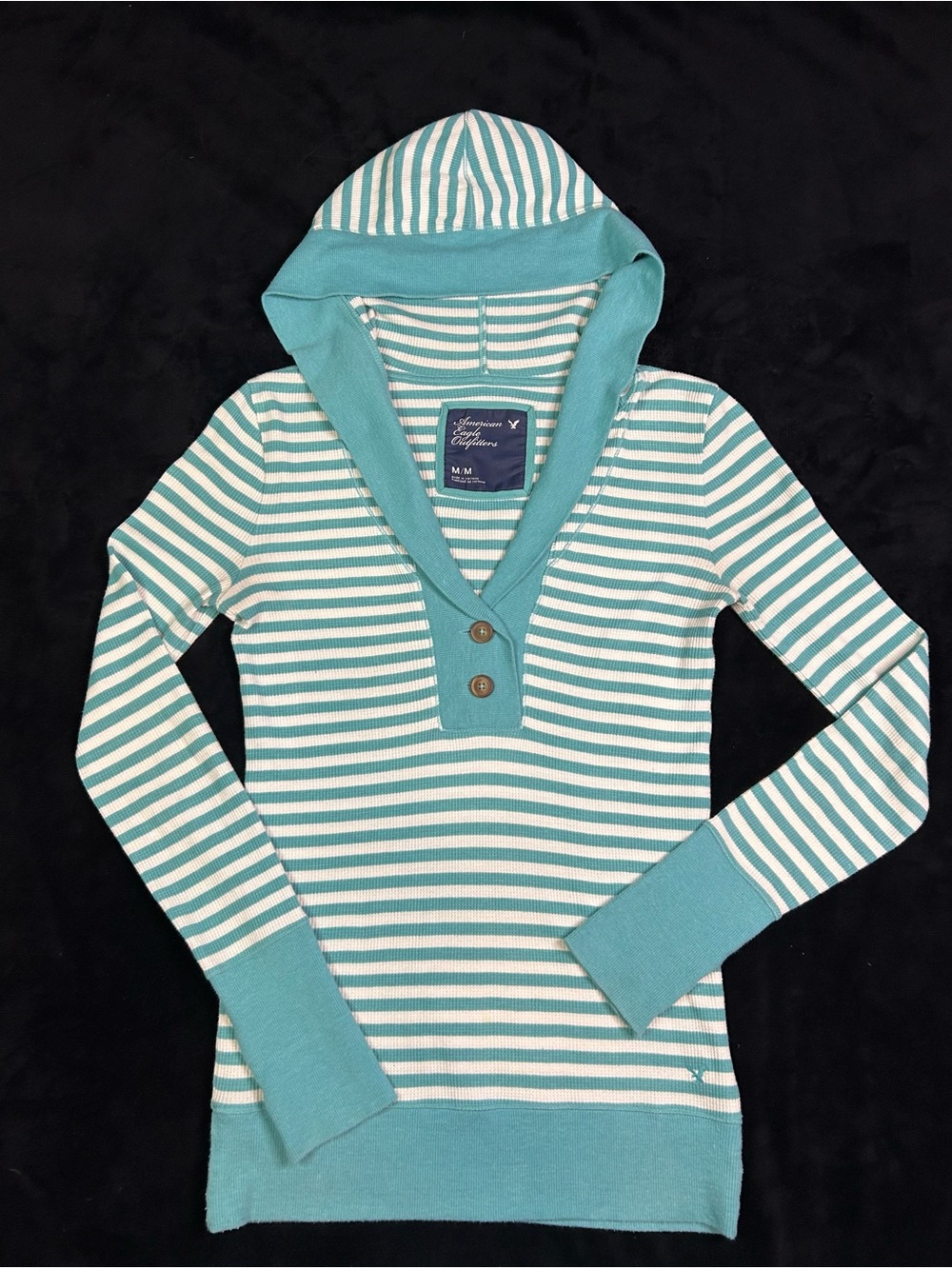 American Eagle Outfitters Teal & White Striped Hooded Pullover